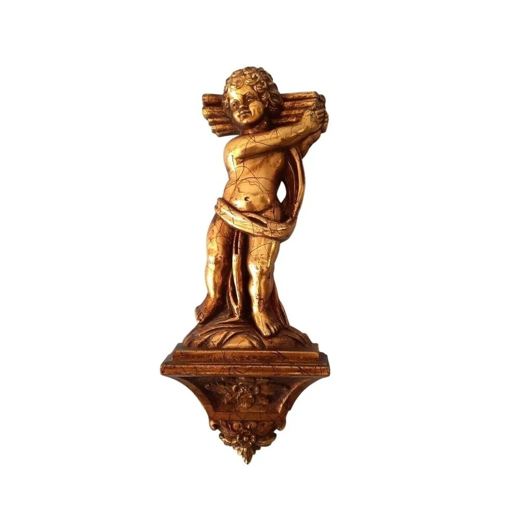 Vintage 1969 Syroco Cherub Angel Wall Sconce Shelves Gold Gilt Pair 7140 USA